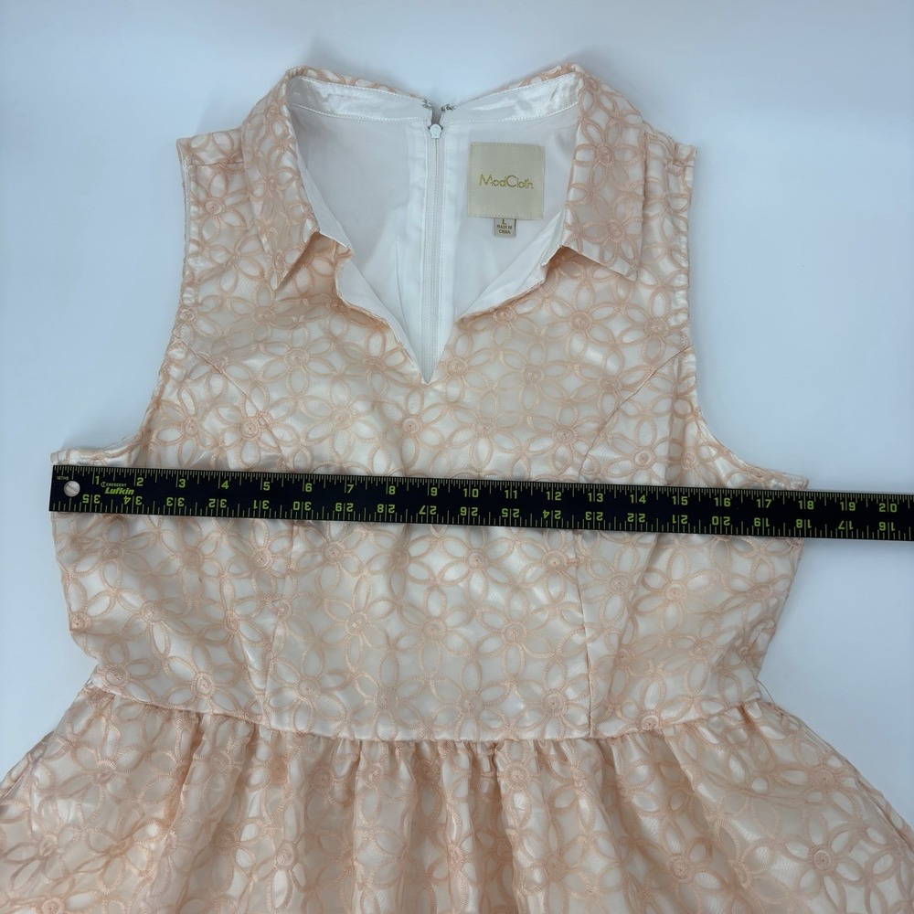 Modcloth Peach Cream Floral Embroidered Satin Mini Dress Fit Flare Size Large - Picture 6 of 8